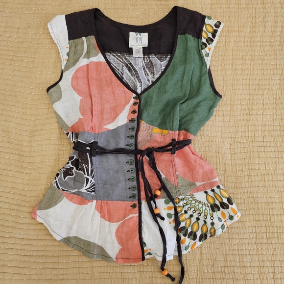 Dept Tops - Dept Linen Boho Cottagecore Artsy Tank Top With Peplum Belt